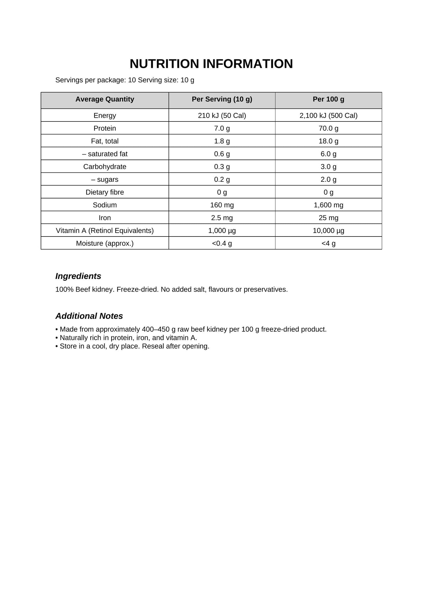 Freeze Dried Beef Kidney Nutritional Information