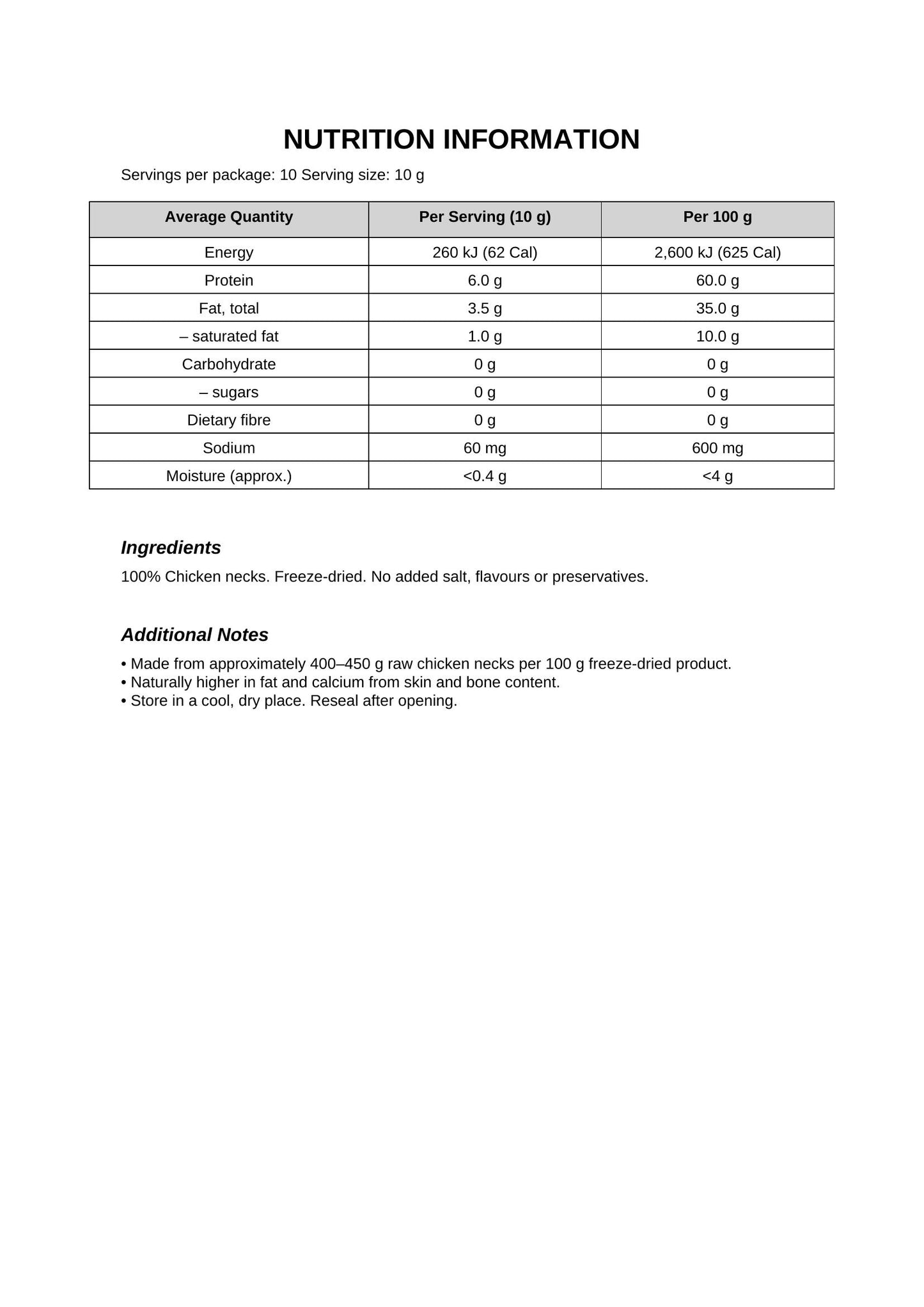 Freeze Dried Chicken Neck Nutritional Information
