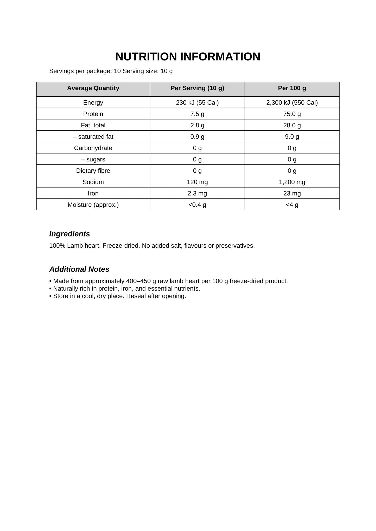 Freeze Dried Lamb Heart Nutritional Information