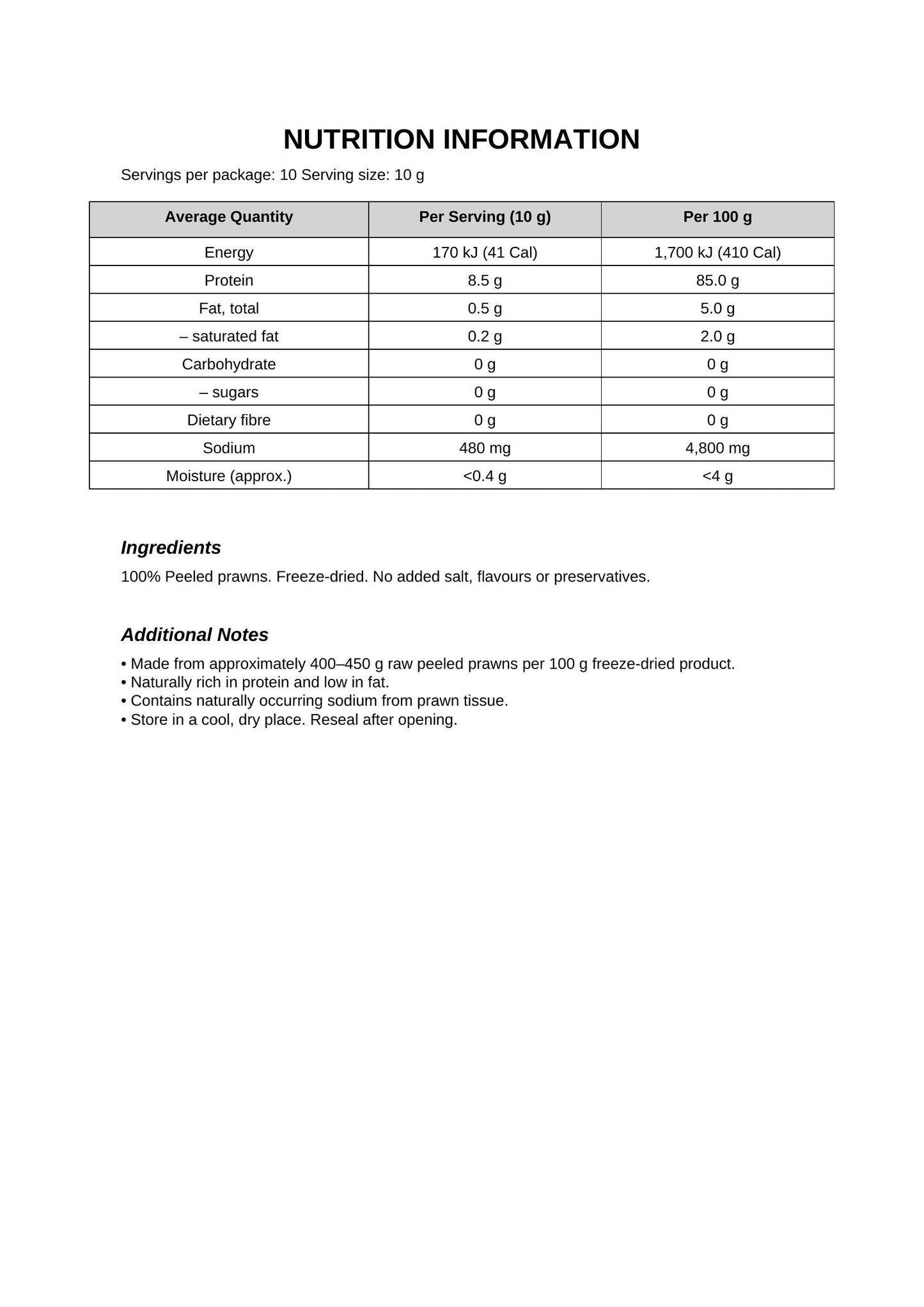 Freeze Dried Prawn Nutritional Information
